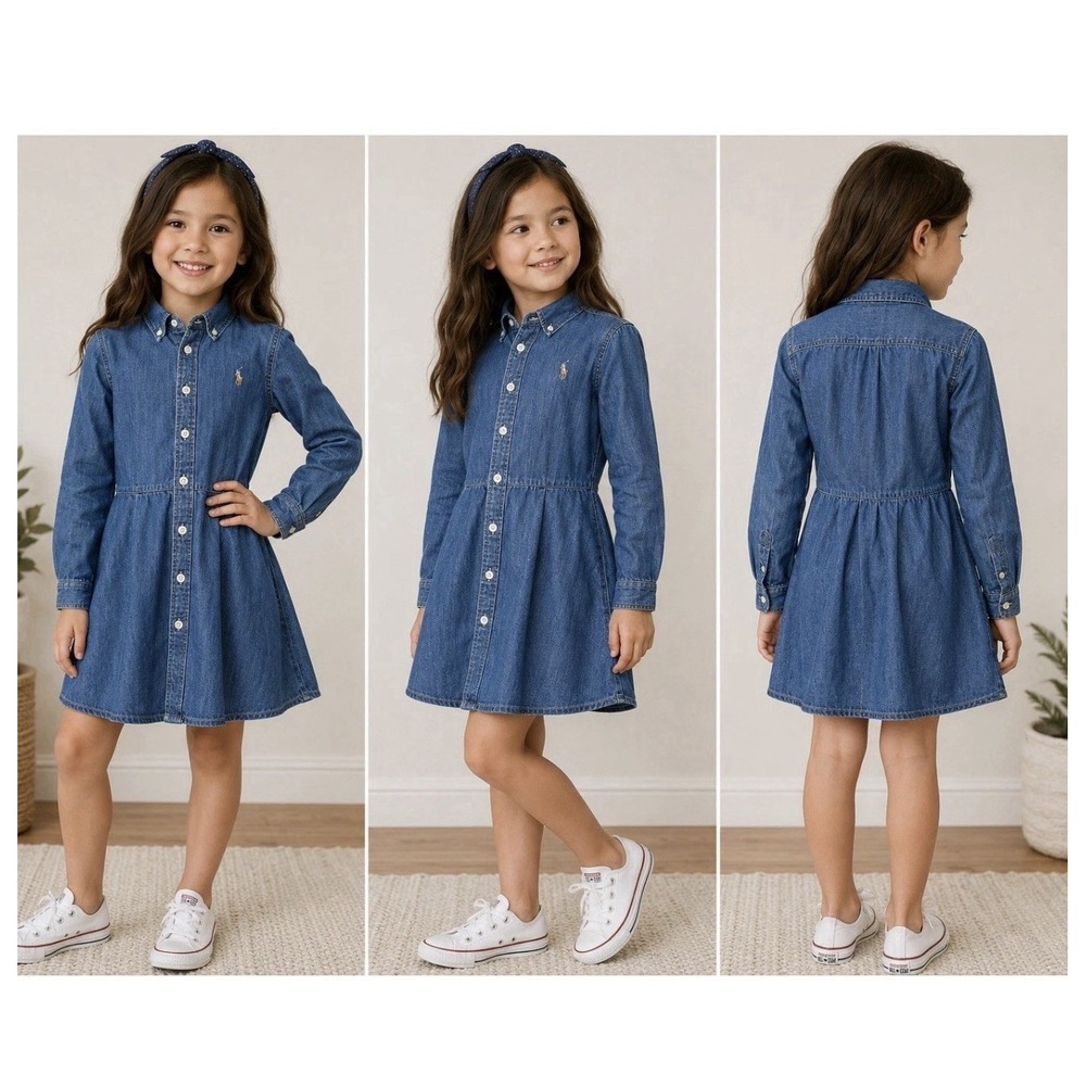 Polo Ralph Lauren Denim Girl Dress 7 Blue Long LS Button Down Classic Preppy